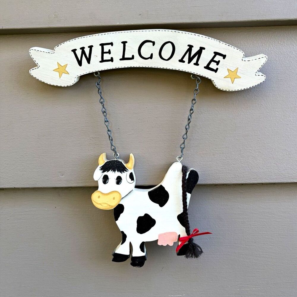 Painted Wood/Metal Welcome Cow Print Hanging Wall Sign Plaque Ready to Hang